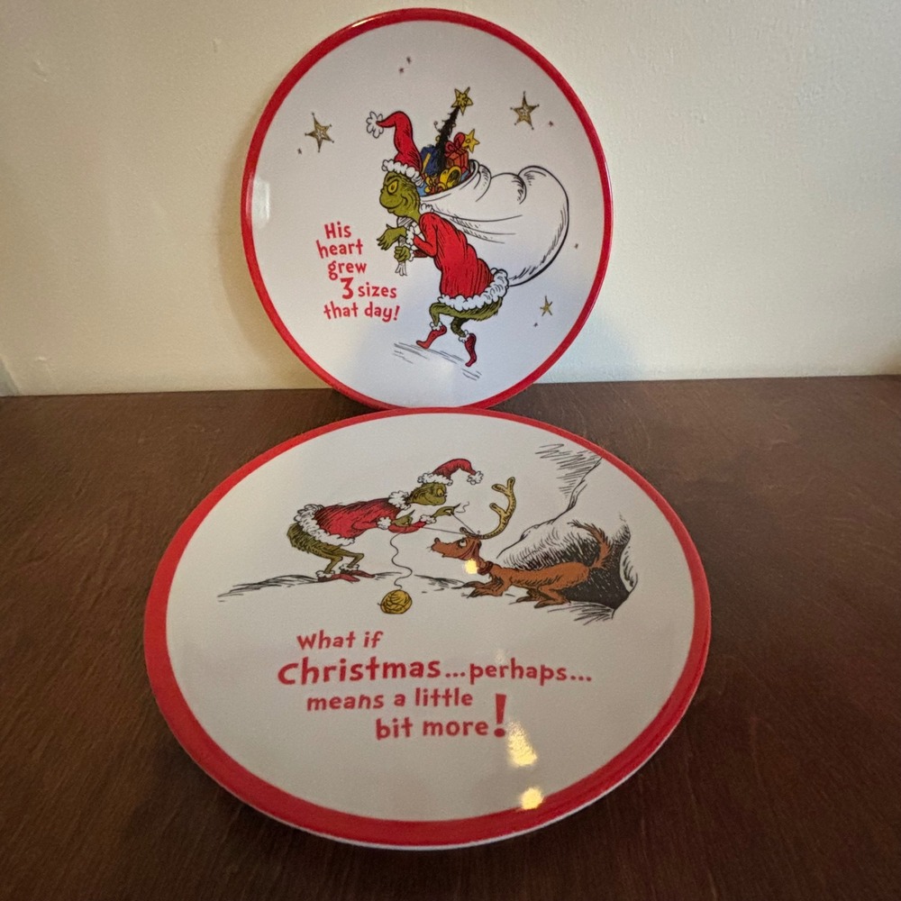 Dr. Seuss How the Grinch Stole Christmas Plates Unisex 9" White Red Set of 2